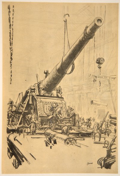 Montaż wielkiego działa, ilustracja z "The Western Front", wyd. przez Country Life Ltd. autorstwa David Muirhead Bone