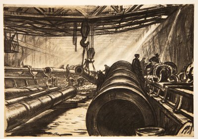 Przenoszenie ciężkich dział, ilustracja z "The Western Front", wyd. przez Country Life Ltd. autorstwa David Muirhead Bone