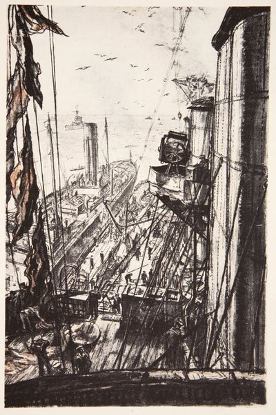 "Oiling": pancernik pobierający paliwo na morzu, ilustracja z "The Western Front", wyd. przez Country Life Ltd. autorstwa David Muirhead Bone