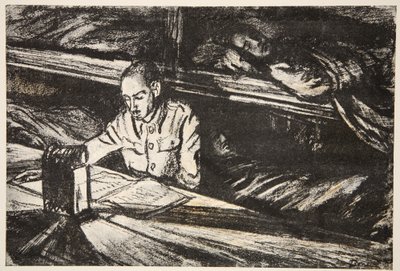 Na statku szpitalnym nocą: sanitariusz, ilustracja z "The Western Front", wyd. przez Country Life Ltd. autorstwa David Muirhead Bone