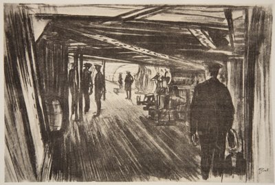 Na pokładzie krążownika bojowego: między pokładami, ilustracja z "The Western Front", wyd. przez Country Life Ltd. autorstwa David Muirhead Bone