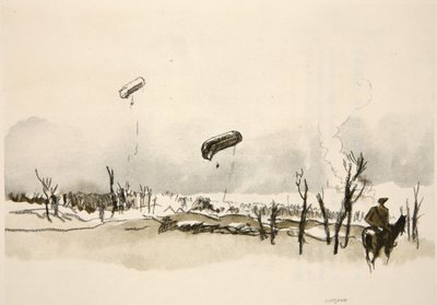 Nad Sommą: balony z kiełbasą, ilustracja z "The Western Front", wyd. przez Country Life Ltd. autorstwa David Muirhead Bone