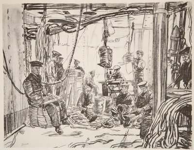 Marynarze na pancerniku produkujący amunicję dla armii, ilustracja z "The Western Front", wyd. przez Country Life Ltd. autorstwa David Muirhead Bone
