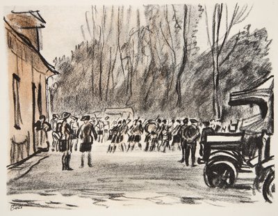Scottish Pipers, ilustracja z "The Western Front", wyd. przez Country Life Ltd autorstwa David Muirhead Bone