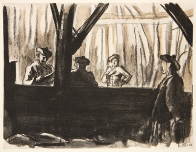 Szkoccy żołnierze we francuskiej stodole, ilustracja z "The Western Front", wyd. przez Country Life Ltd. autorstwa David Muirhead Bone