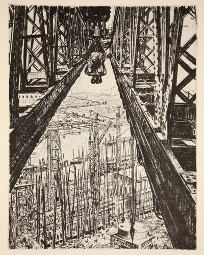 Stocznia widziana z Wielkiego Żurawia, ilustracja z "The Western Front", wyd. przez Country Life Ltd. autorstwa David Muirhead Bone