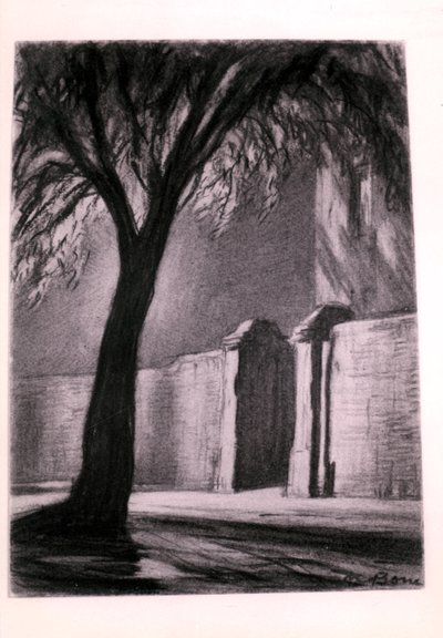 Noc na przedmieściach, ok. 1920 (węgiel) autorstwa David Muirhead Bone