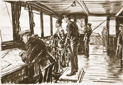 Mostek statku handlowego na morzu, ilustracja z "The Western Front", wyd. przez Country Life Ltd. autorstwa David Muirhead Bone