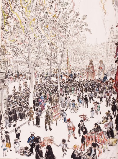 Flaga miasta i gigantów, procesja Bożego Ciała, Ramblas, Barcelona, 8 czerwca autorstwa David Muirhead Bone