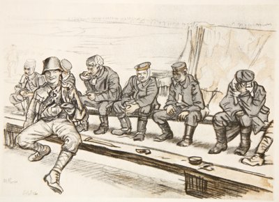 Szczęśliwy wojownik, ilustracja z "The Western Front", wyd. przez Country Life Ltd autorstwa David Muirhead Bone