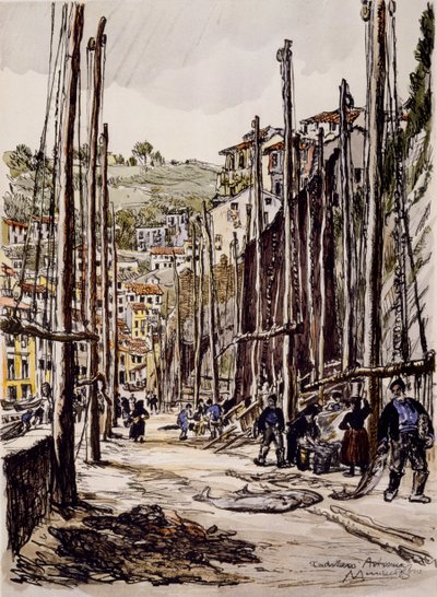 The Tunny Fishers, Cudillero, wybrzeże Asturii autorstwa David Muirhead Bone