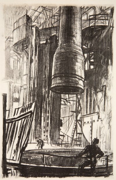Kanał artyleryjski: kurtka artyleryjska wchodząca do zbiornika z olejem, ilustracja z "The Western Front", wyd. przez Country Life Ltd. autorstwa David Muirhead Bone
