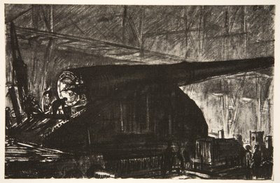 Nocna zmiana pracująca nad dużym działem, ilustracja z "The Western Front", wyd. przez Country Life Ltd. autorstwa David Muirhead Bone