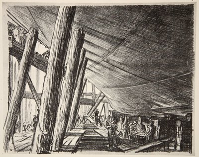 Pod statkiem, ilustracja z "The Western Front", wyd. przez Country Life Ltd autorstwa David Muirhead Bone