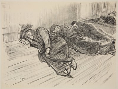 Chodzący ranni śpiący na pokładzie, ilustracja z "The Western Front", wyd. przez Country Life Ltd. autorstwa David Muirhead Bone