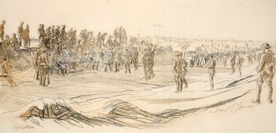 Obserwowanie niemieckich jeńców, ilustracja z "The Western Front", wyd. przez Country Life Ltd. autorstwa David Muirhead Bone