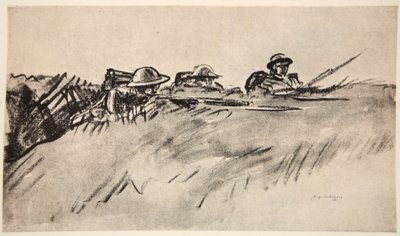 Walijscy żołnierze, ilustracja z "The Western Front", wyd. przez Country Life Ltd autorstwa David Muirhead Bone