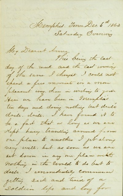 List od D.R. Greera, Memphis, Tn., do Anny McKinney, 6 grudnia 1862 autorstwa David Perkins Grier