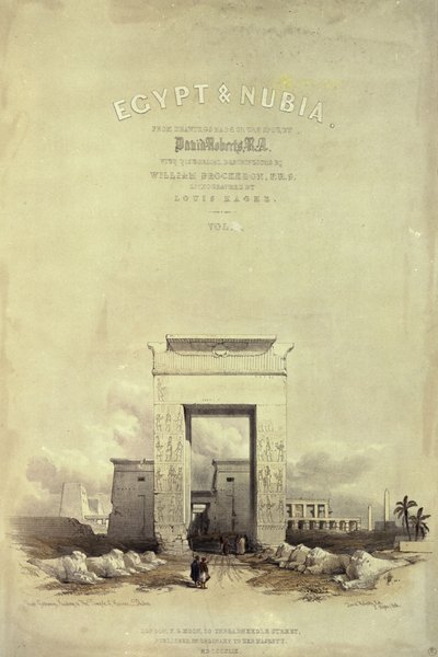 Wielka brama prowadząca do świątyni w Karnaku, strona tytułowa do „Egiptu i Nubii”, litografia Louisa Haghe, opublikowana w 1849 r. (litografia) autorstwa David Roberts