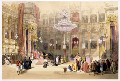 Grecki kościół Grobu Świętego w Jerozolimie, 11 kwietnia 1839, tablica 4 z tomu I Ziemi Świętej, sztychowana przez Ludwika Haghe (1806-1885) wyd. 1842 autorstwa David Roberts