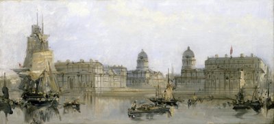 Szpital Greenwich widziany z Tamizy (Anglia). Olej na płótnie, około 1860 roku, autor: David Roberts (1796-1864). autorstwa David Roberts