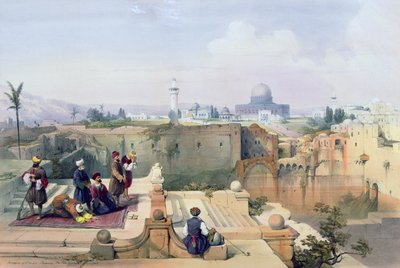 Meczet Omara ukazujący miejsce Świątyni, tablica 8 z tomu I Ziemi Świętej rytowana przez Louisa Haghe (1806-85), opublikowana w 1842 r. autorstwa David Roberts
