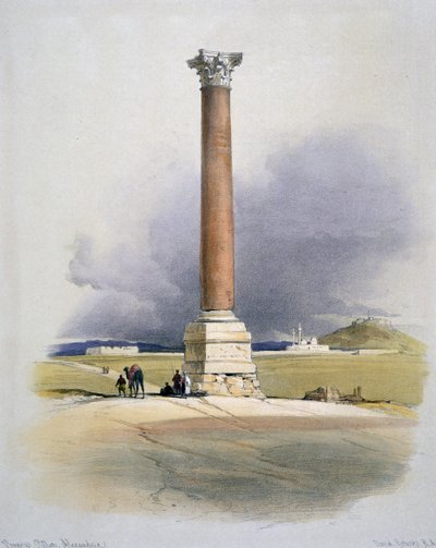 Słup Pompejusza, Aleksandria: Kolumna z czerwonego granitu wzniesiona Dioklecjanowi w IV wieku, niegdyś uważana za miejsce pochówku Pompejusza Wielkiego. Autor: David Roberts (1796-1864) szkocki artysta i orientalista autorstwa David Roberts