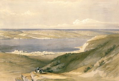 Jezioro Galilejskie lub Genezaret, patrząc w kierunku Baszanu, 21 kwietnia 1839, tablica 36 z I tomu "Ziemi Świętej", rytował Louis Haghe (1806-85), pub. 1842 autorstwa David Roberts