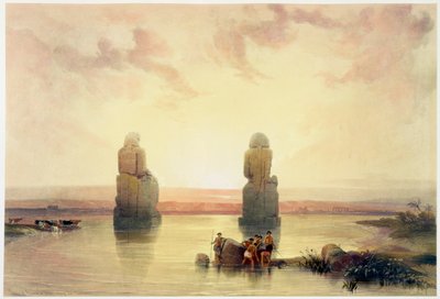 „Kolosy Memnona w Tebach podczas powodzi”, Egipt, ok. 1845 r. autorstwa David Roberts