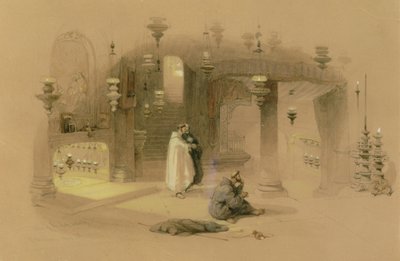 Sanktuarium Narodzenia Pańskiego, Betlejem, 1839 (wc nad ołówkiem, podkreślone gwaszem i gumą arabską na papierze płowym) autorstwa David Roberts