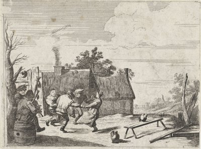 Tańczący farmerzy przy muzyce dwóch muzyków autorstwa David Teniers (II)