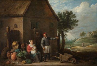 Mąż przy drzwiach chaty z siedzącą kobietą i dzieckiem autorstwa David Teniers (II)