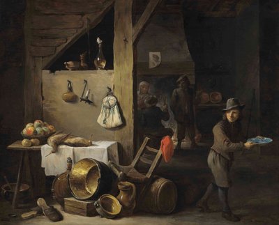 Wnętrze kuchni z młodym chłopcem i trzema postaciami pijącymi i palącymi autorstwa David Teniers the Younger