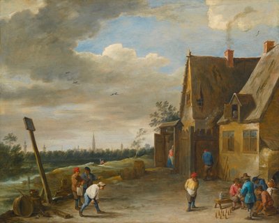 Gra w dziewięć kręgli z widokiem na Antwerpię autorstwa David Teniers the Younger