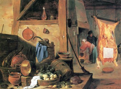Wnętrze kuchni z martwą naturą i ubitym wołem autorstwa David Teniers the Younger