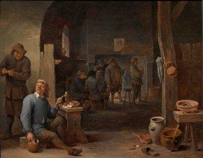 Wnętrze karczmy z chłopami palącymi przy stole i rozmawiającymi przy ognisku autorstwa David Teniers the Younger