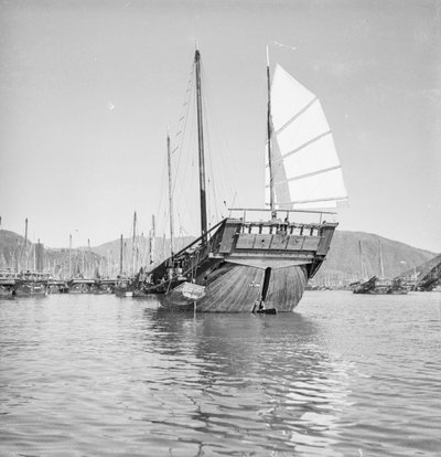 Widok z lewej burty na dżonkę typu Hong Kong fisher d.w. 2473HA zakotwiczoną w Hongkongu autorstwa David Watkin Waters