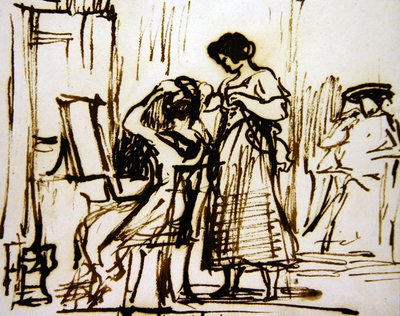 Wnętrze z kobietą uczesaną (tusz na papierze) autorstwa David Wilkie
