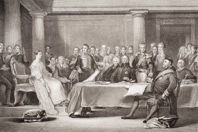 Pierwsza Rada Królowej Wiktorii, Pałac Kensington, 21 czerwca 1837, z „Ilustracji historii angielskiej i szkockiej” Tom II autorstwa David Wilkie