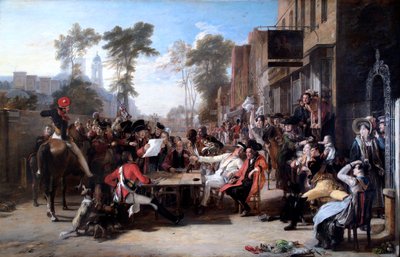 „Emeryci z Chelsea czytający depeszę Waterloo”, 1822 r. autorstwa David Wilkie