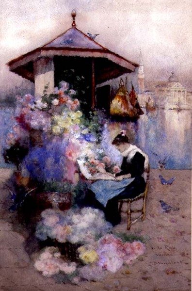 Sprzedawca kwiatów na Rivie, Wenecja (akwarela na papierze) autorstwa David Woodlock