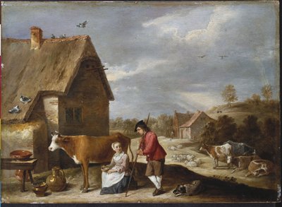 Dojarka i pasterz przed chatą, koniec lat 40. XVII wieku autorstwa David Teniers the Younger