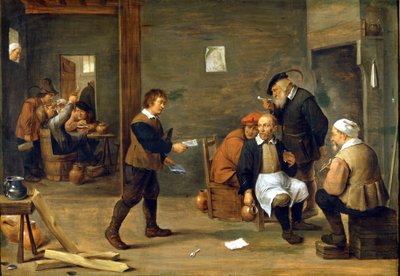 Grupa mężczyzn rozgrzewających się przed kominem. Obraz Davida Teniersa dit Le Jeune (1610-1690) Mediolan, Museo del castello. autorstwa David Teniers the Younger