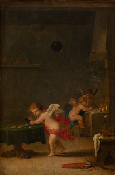 Amoretti w pracowni alchemika, ok. 1635-37 (olej na drewnie dębowym) autorstwa David the Younger Teniers