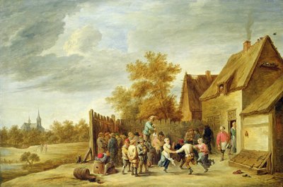 Chłopi tańczą przed karczmą (olej na płótnie) autorstwa David Teniers the Younger