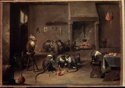 Małpy w kuchni. Obraz Davida Teniersa młodszego (1610-1690). Olej na płótnie, 36 x 50,5 cm, ok. 1640. Sztuka flamandzka, Sztuka baroku. Muzeum Ermitażu w Sankt Petersburgu. autorstwa David Teniers the Younger