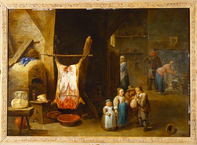 Wnętrze chłopskiej chałupy z tuszą wieprzową i chłopcem wysadzającym pęcherz, 1646 autorstwa David Teniers the Younger