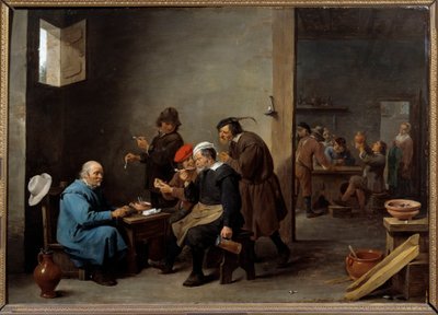 Mężczyzna w białym kapeluszu Grupa mężczyzn palących fajkę w karczmie. Obraz Davida Teniersa II młodego (1610-1690) autorstwa David Teniers the Younger