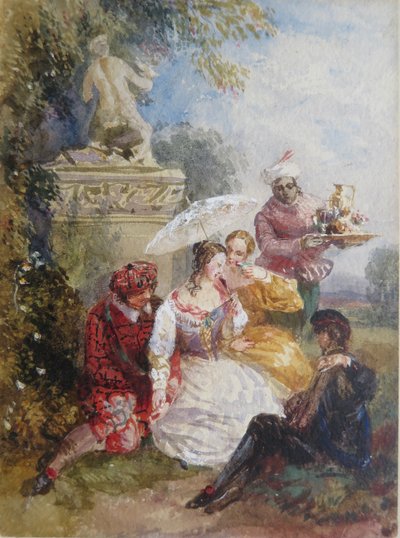 Eleganccy goście na imprezie przebieranej w wiejskim domu autorstwa David the younger Cox