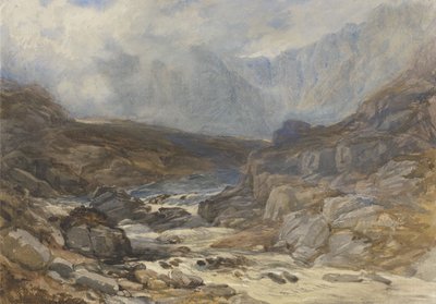 Walijska scena górska z ulewną rzeką (akwarela z farbą do ciała i czarną kredą na papierze) autorstwa David the younger Cox
